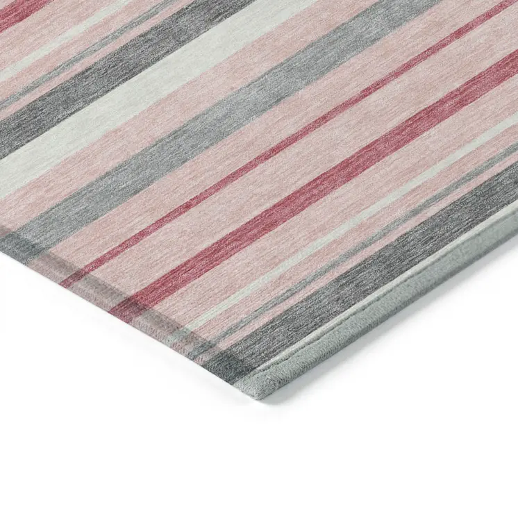 3' X 5' Pink And Gray Striped Washable Indoor Outdoor Area Rug