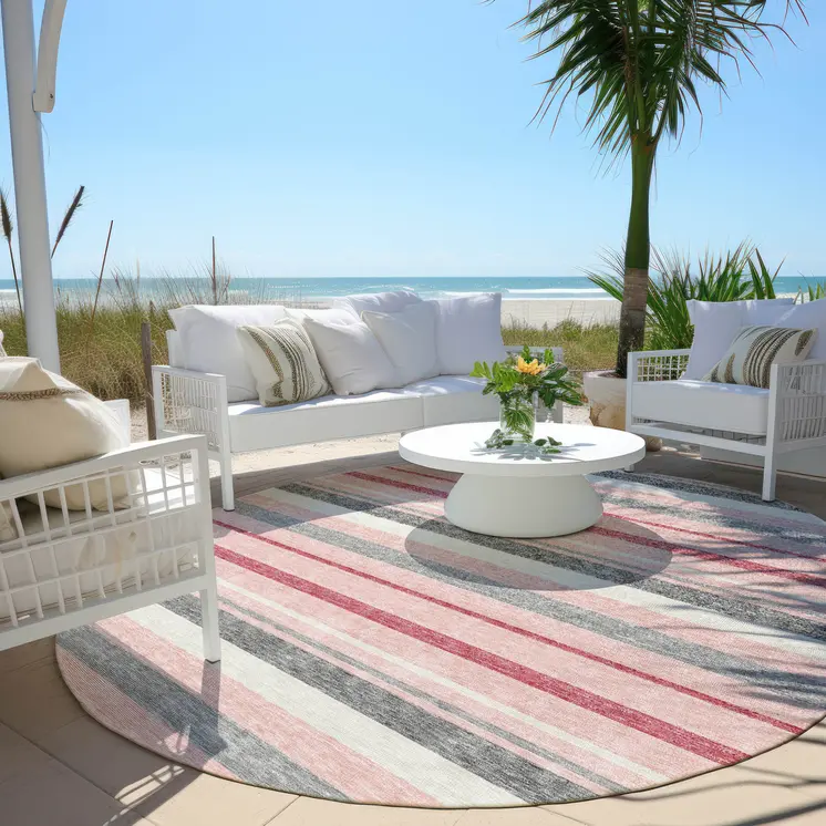 8' Pink And Gray Round Striped Washable Indoor Outdoor Area Rug