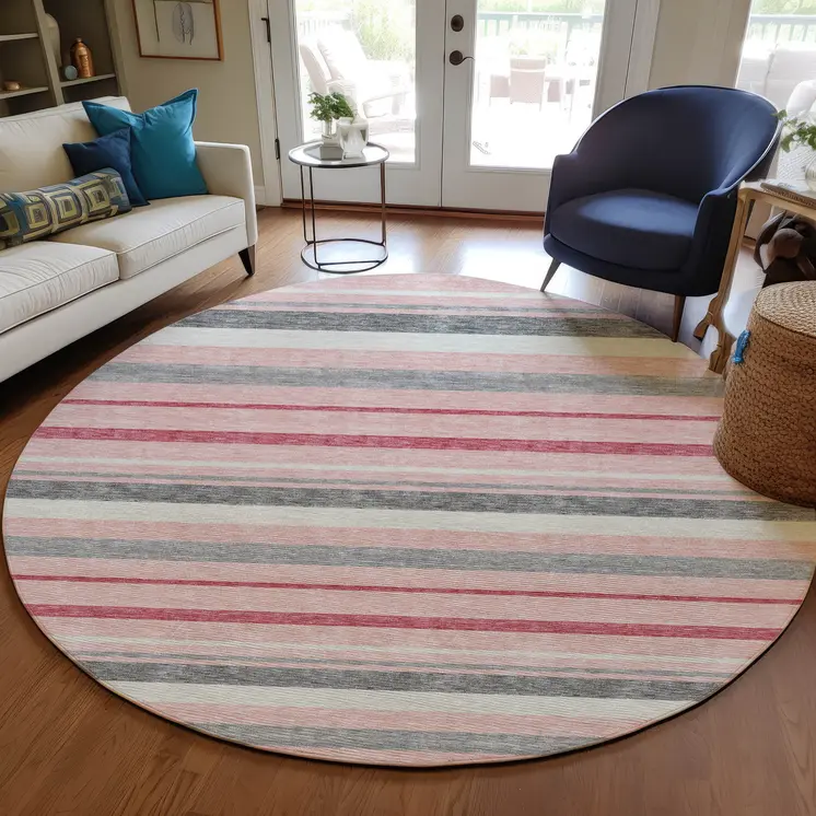 8' Pink And Gray Round Striped Washable Indoor Outdoor Area Rug