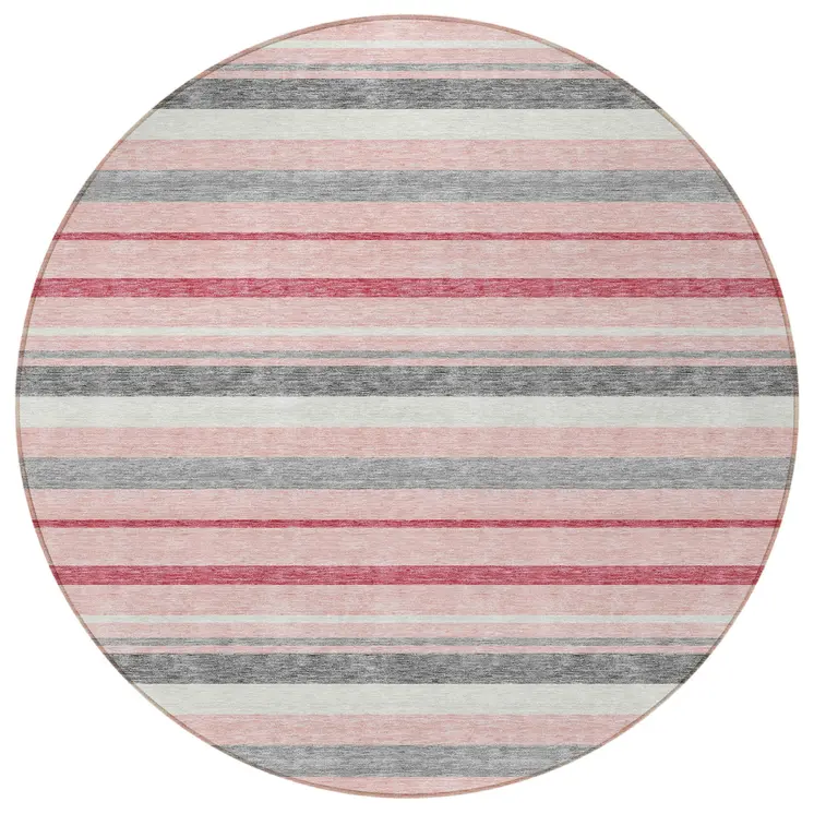 8' Pink And Gray Round Striped Washable Indoor Outdoor Area Rug