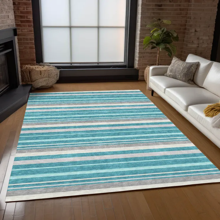 3' X 5' Teal Blue Gray And Ivory Striped Washable Indoor Outdoor Area Rug