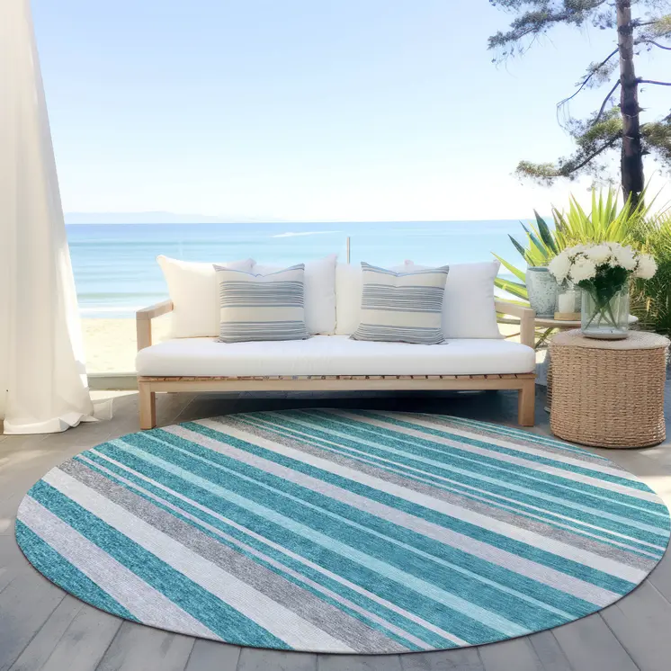 8' Teal Blue Gray And Ivory Round Striped Washable Indoor Outdoor Area Rug
