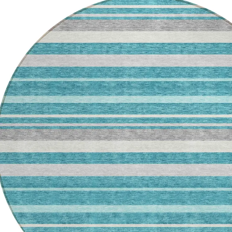 8' Teal Blue Gray And Ivory Round Striped Washable Indoor Outdoor Area Rug
