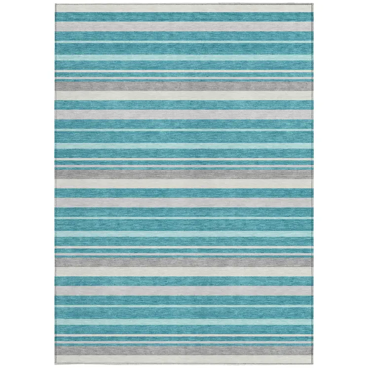 8' X 10' Teal Blue Gray And Ivory Striped Washable Indoor Outdoor Area Rug
