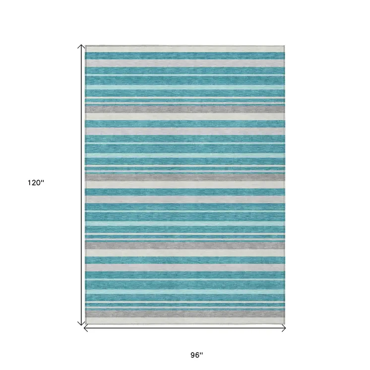 8' X 10' Teal Blue Gray And Ivory Striped Washable Indoor Outdoor Area Rug