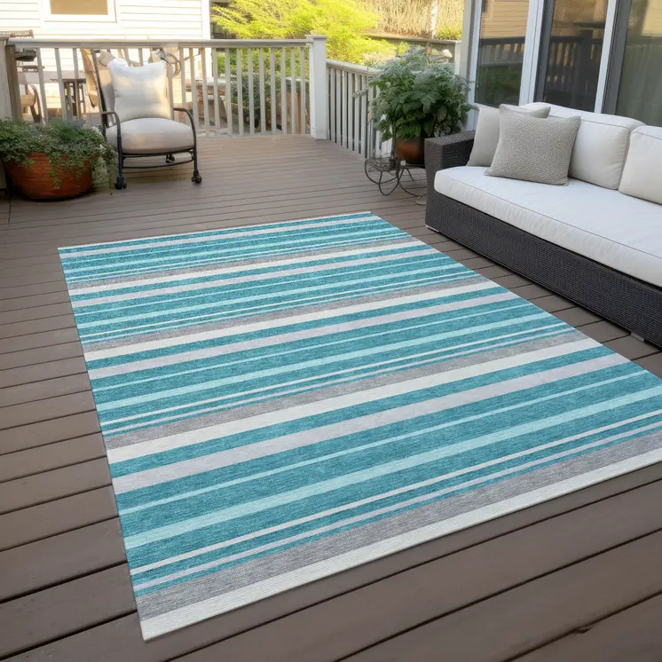 8' X 10' Teal Blue Gray And Ivory Striped Washable Indoor Outdoor Area Rug