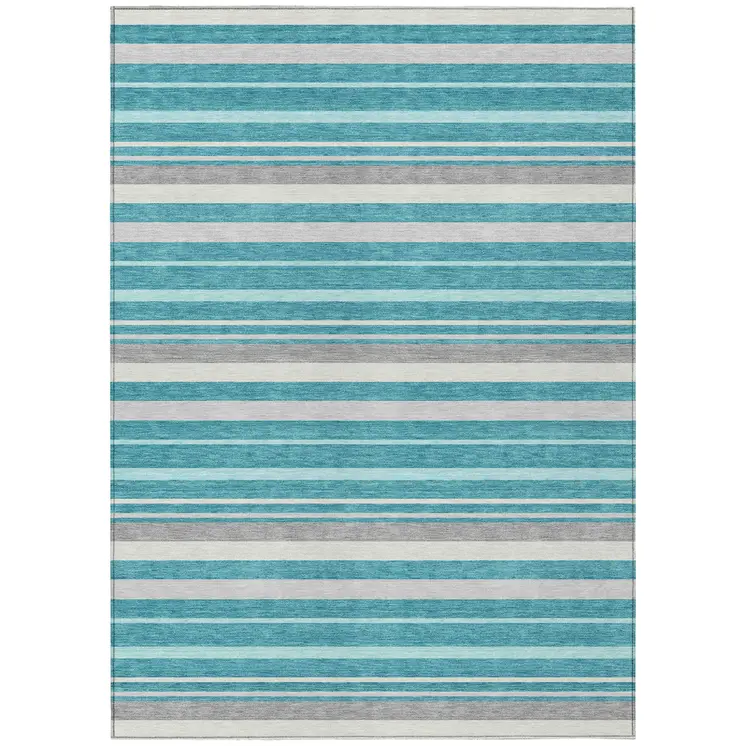 8' X 10' Teal Blue Gray And Ivory Striped Washable Indoor Outdoor Area Rug