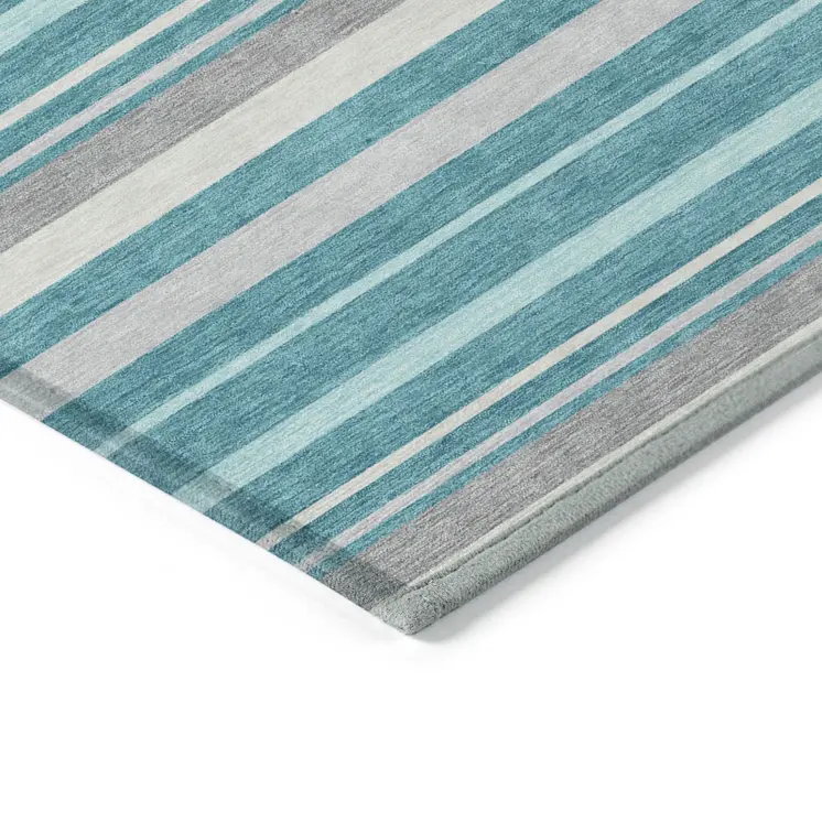 8' X 10' Teal Blue Gray And Ivory Striped Washable Indoor Outdoor Area Rug
