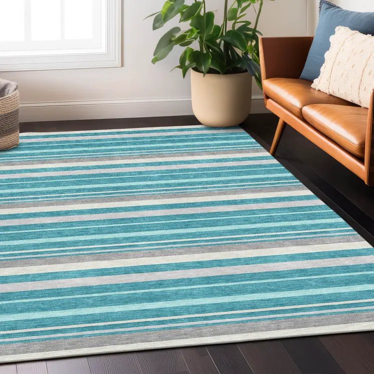 8' X 10' Teal Blue Gray And Ivory Striped Washable Indoor Outdoor Area Rug
