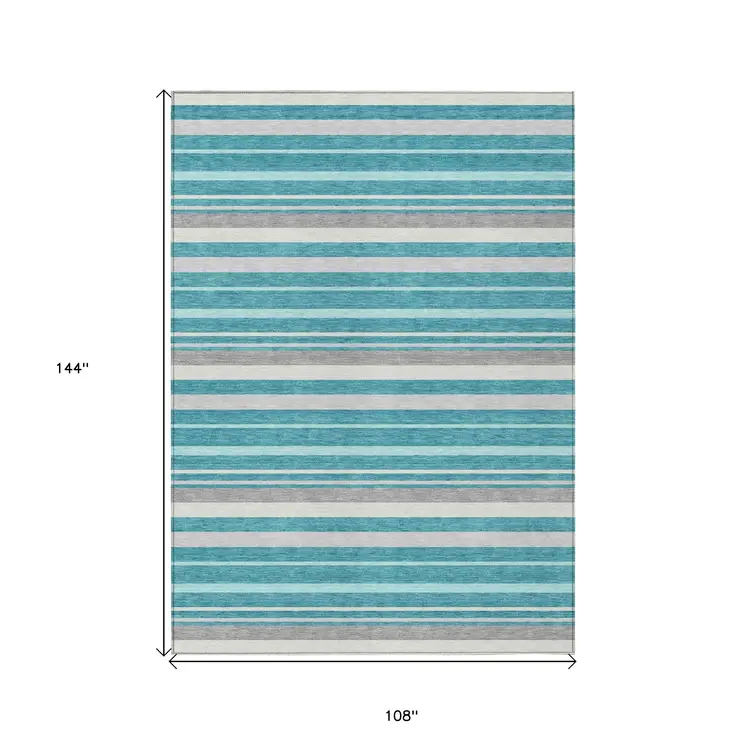 9' X 12' Teal Blue Gray And Ivory Striped Washable Indoor Outdoor Area Rug