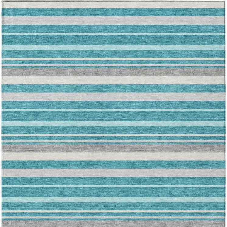 10' X 14' Teal Blue Gray And Ivory Striped Washable Indoor Outdoor Area Rug