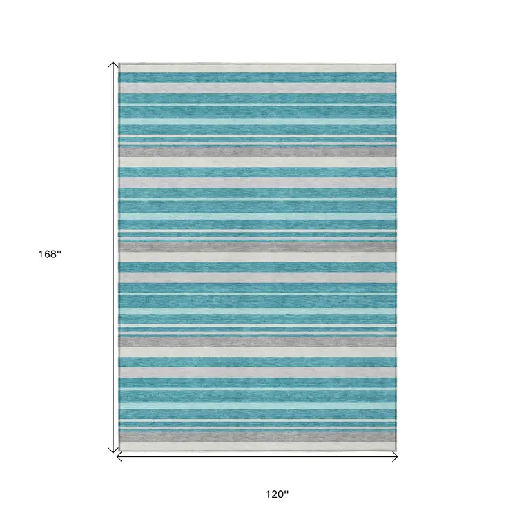 10' X 14' Teal Blue Gray And Ivory Striped Washable Indoor Outdoor Area Rug