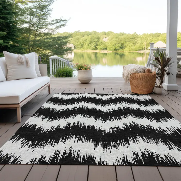3' X 5' Black And Ivory Chevron Washable Indoor Outdoor Area Rug