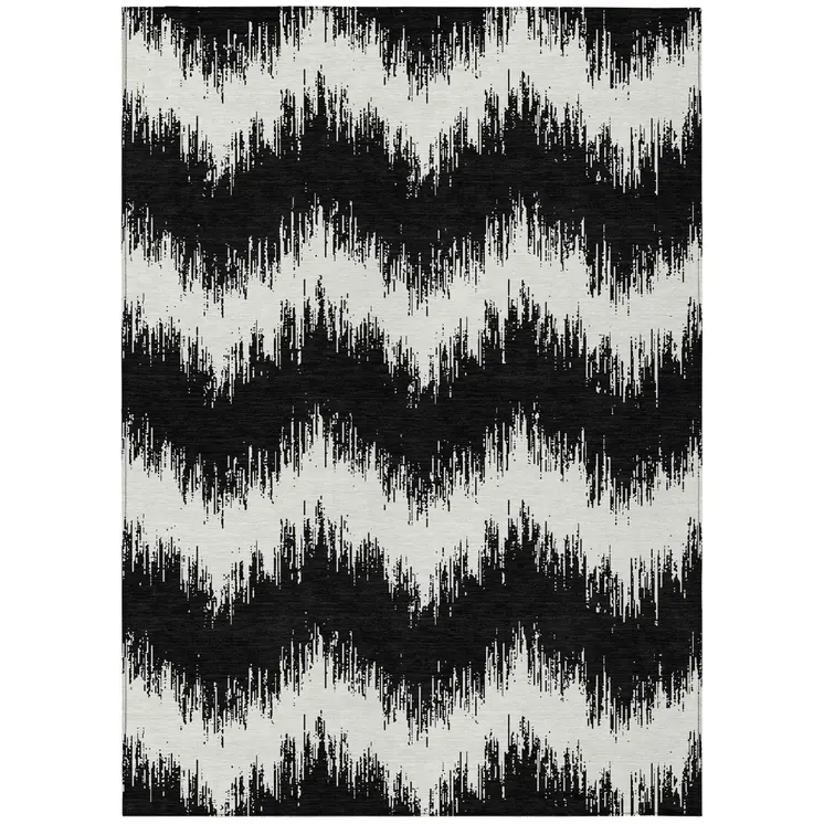3' X 5' Black And Ivory Chevron Washable Indoor Outdoor Area Rug