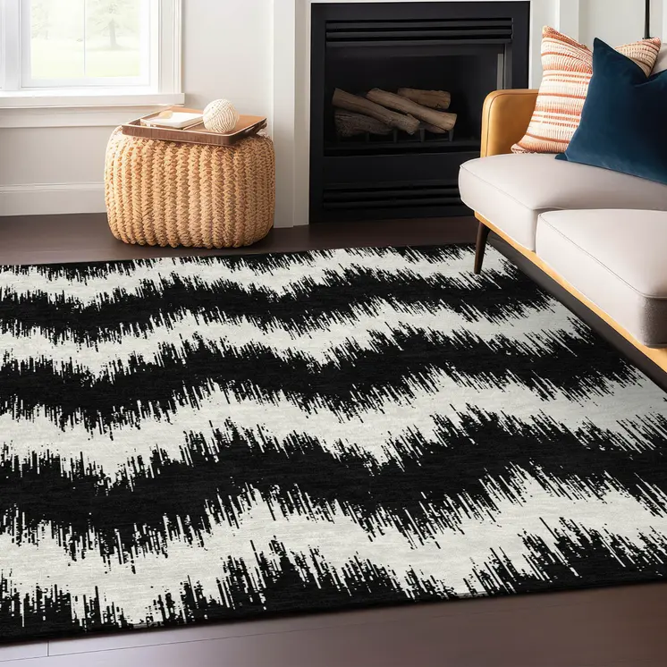 3' X 5' Black And Ivory Chevron Washable Indoor Outdoor Area Rug