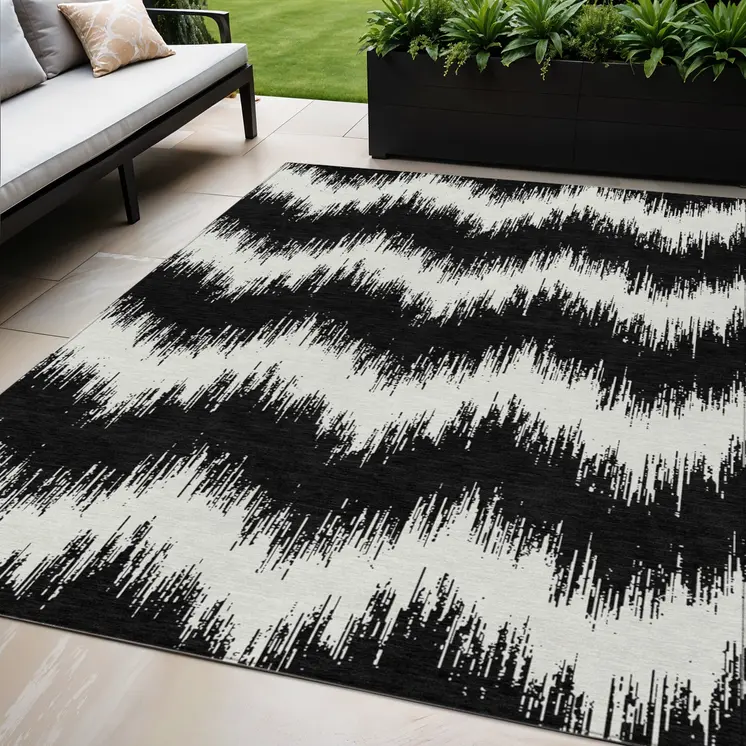 5' X 8' Black And Ivory Chevron Washable Indoor Outdoor Area Rug