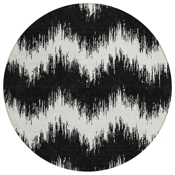 8' Black And Ivory Round Chevron Washable Indoor Outdoor Area Rug