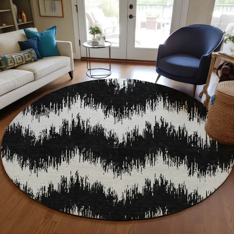 8' Black And Ivory Round Chevron Washable Indoor Outdoor Area Rug