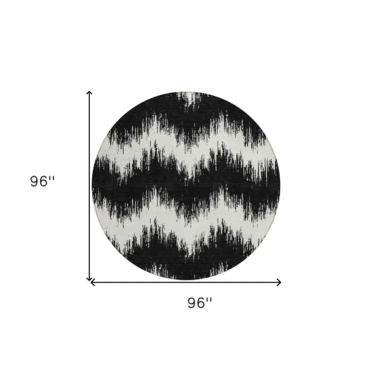 8' Black And Ivory Round Chevron Washable Indoor Outdoor Area Rug