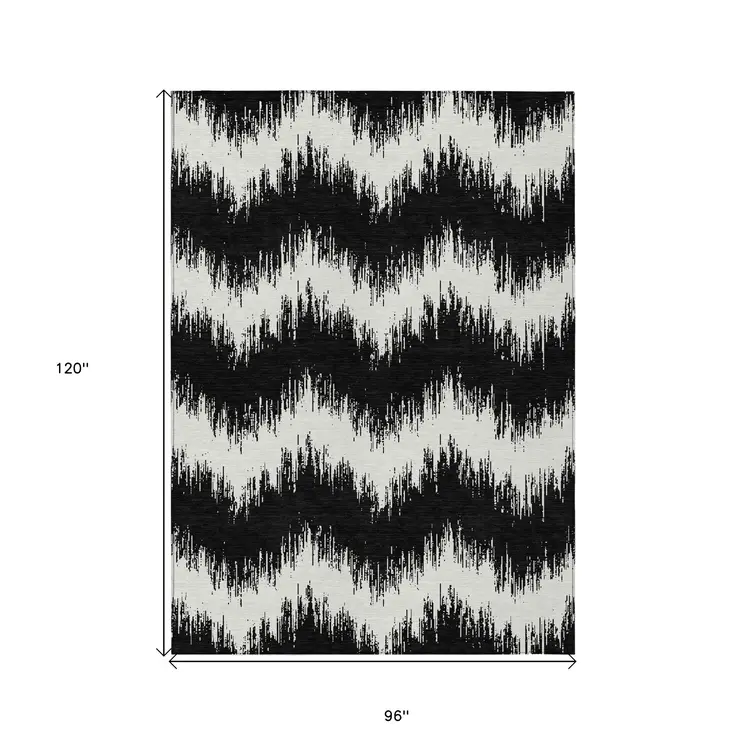 8' X 10' Black And Ivory Chevron Washable Indoor Outdoor Area Rug