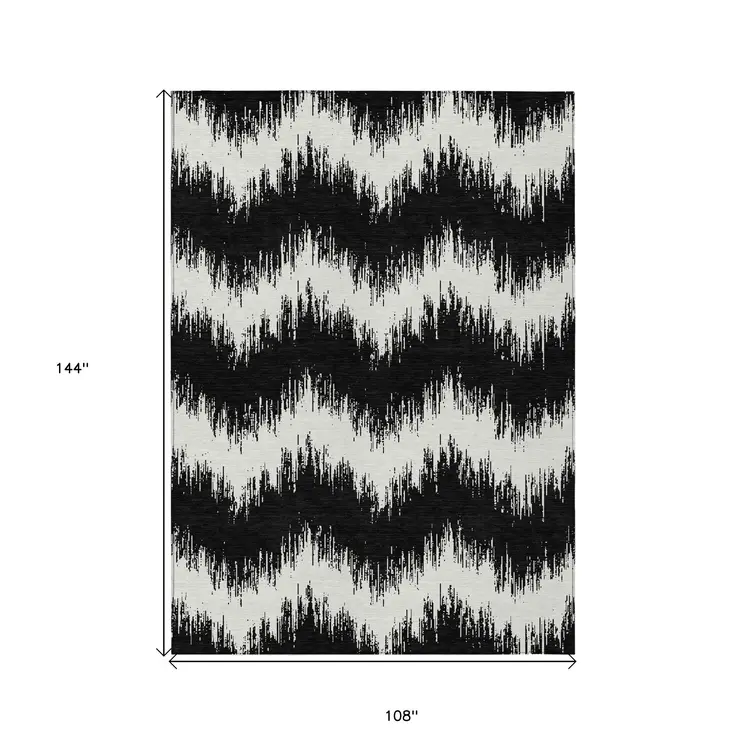 9' X 12' Black And Ivory Chevron Washable Indoor Outdoor Area Rug