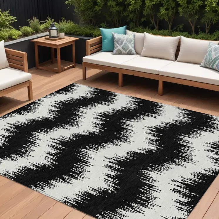 9' X 12' Black And Ivory Chevron Washable Indoor Outdoor Area Rug