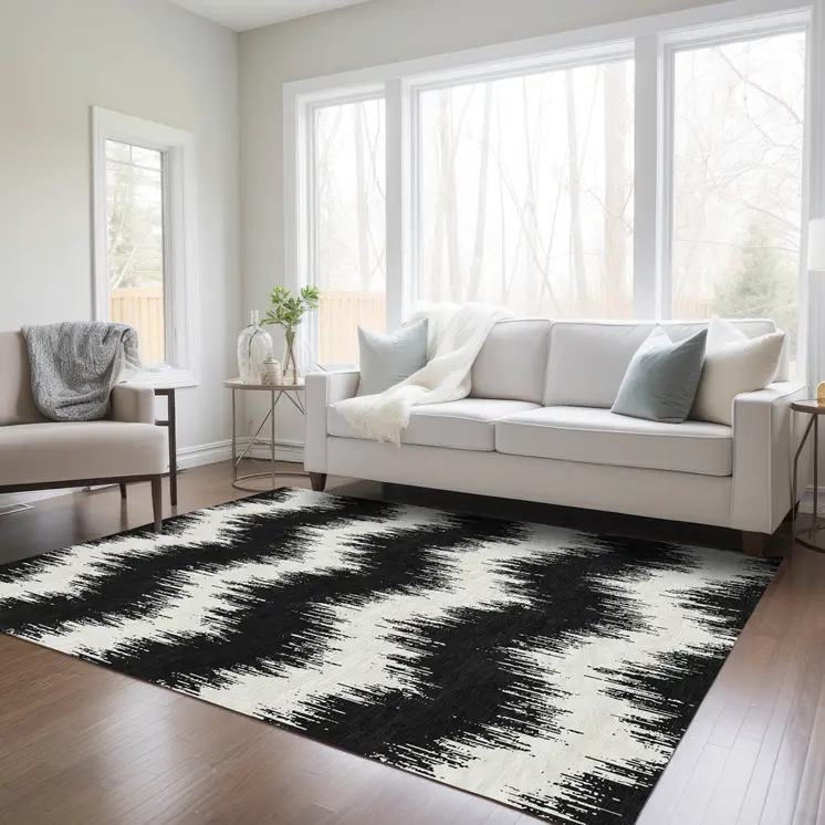 9' X 12' Black And Ivory Chevron Washable Indoor Outdoor Area Rug