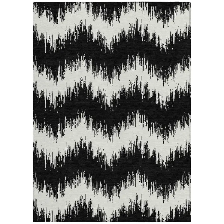 10' X 14' Black And Ivory Chevron Washable Indoor Outdoor Area Rug