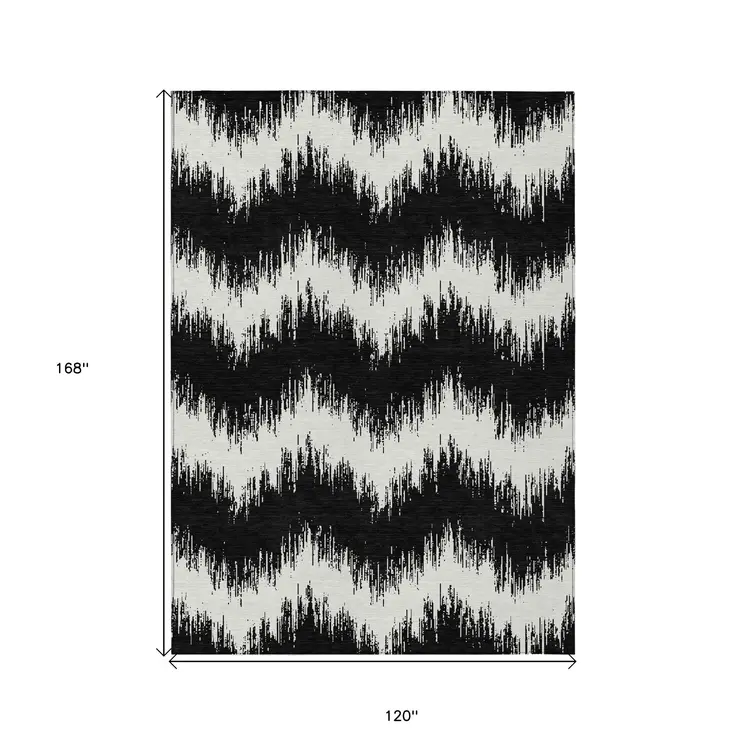 10' X 14' Black And Ivory Chevron Washable Indoor Outdoor Area Rug