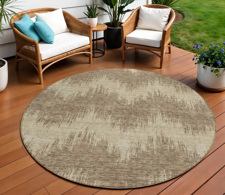 8' Brown And Beige Round Chevron Washable Indoor Outdoor Area Rug