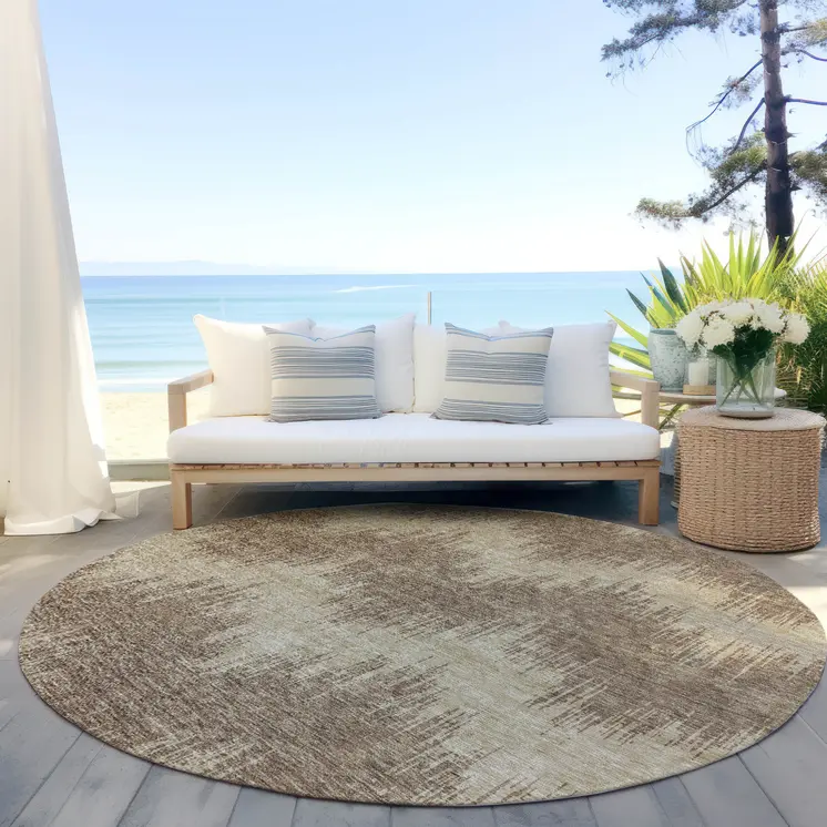 8' Brown And Beige Round Chevron Washable Indoor Outdoor Area Rug