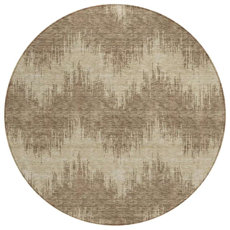 8' Brown And Beige Round Chevron Washable Indoor Outdoor Area Rug
