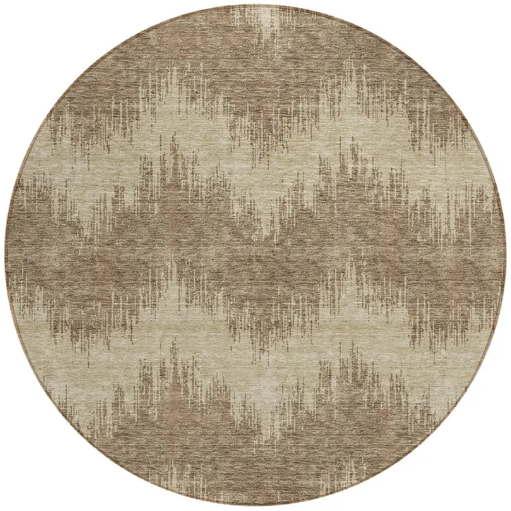 8' Brown And Beige Round Chevron Washable Indoor Outdoor Area Rug