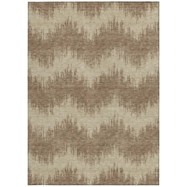 8' X 10' Brown And Beige Chevron Washable Indoor Outdoor Area Rug