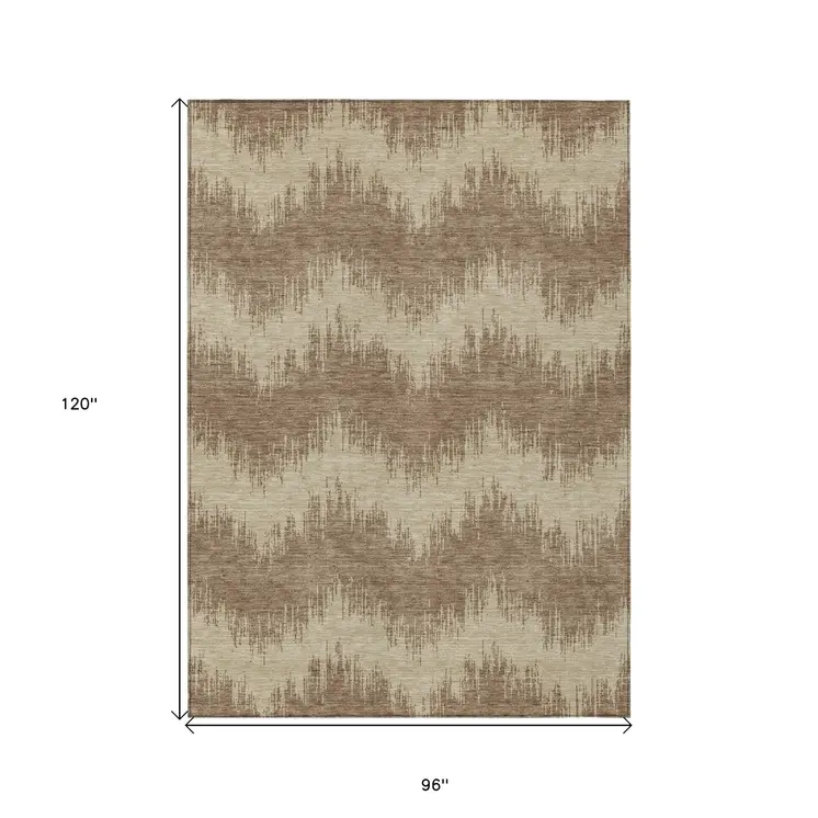 8' X 10' Brown And Beige Chevron Washable Indoor Outdoor Area Rug