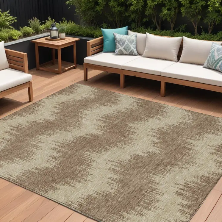 8' X 10' Brown And Beige Chevron Washable Indoor Outdoor Area Rug