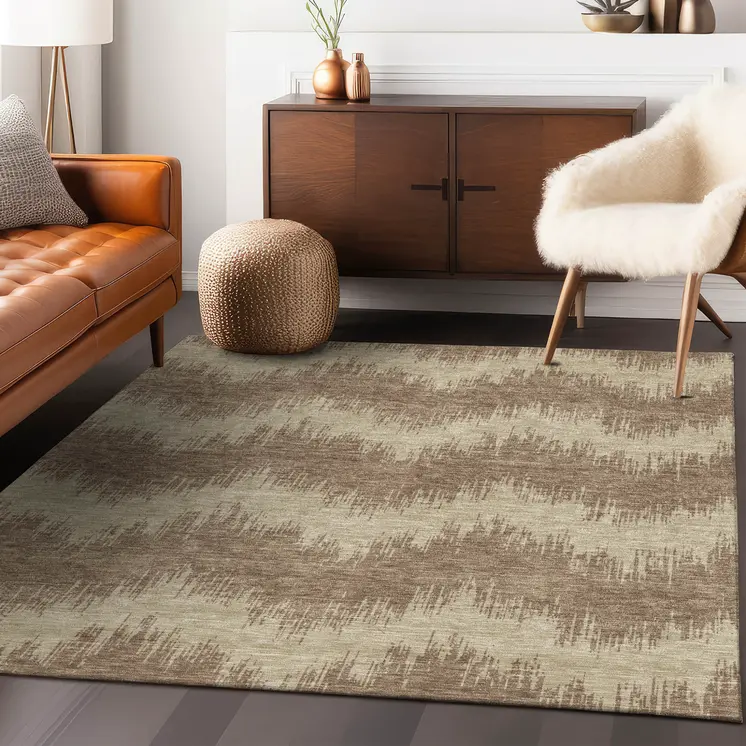 8' X 10' Brown And Beige Chevron Washable Indoor Outdoor Area Rug