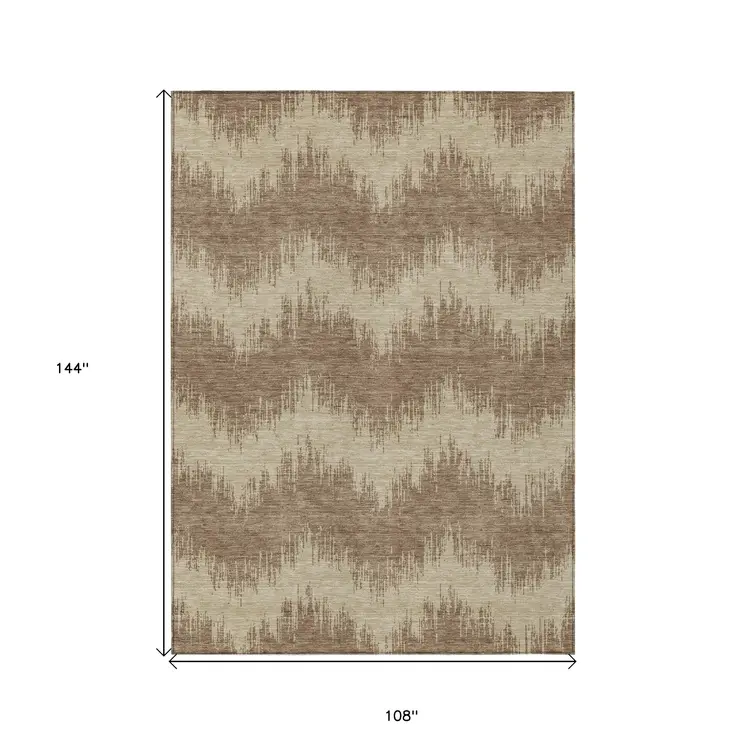 9' X 12' Brown And Beige Chevron Washable Indoor Outdoor Area Rug