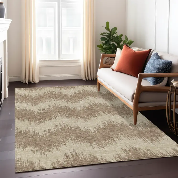 10' X 14' Brown And Beige Chevron Washable Indoor Outdoor Area Rug