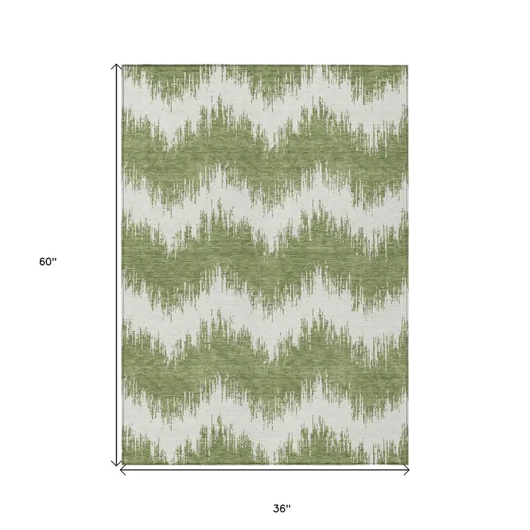 3' X 5' Green And Ivory Chevron Washable Indoor Outdoor Area Rug