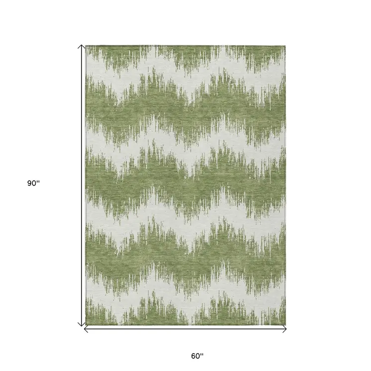 5' X 8' Green And Ivory Chevron Washable Indoor Outdoor Area Rug