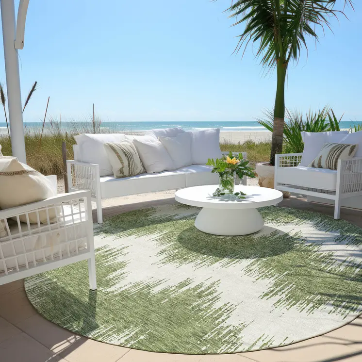 8' Green And Ivory Round Chevron Washable Indoor Outdoor Area Rug