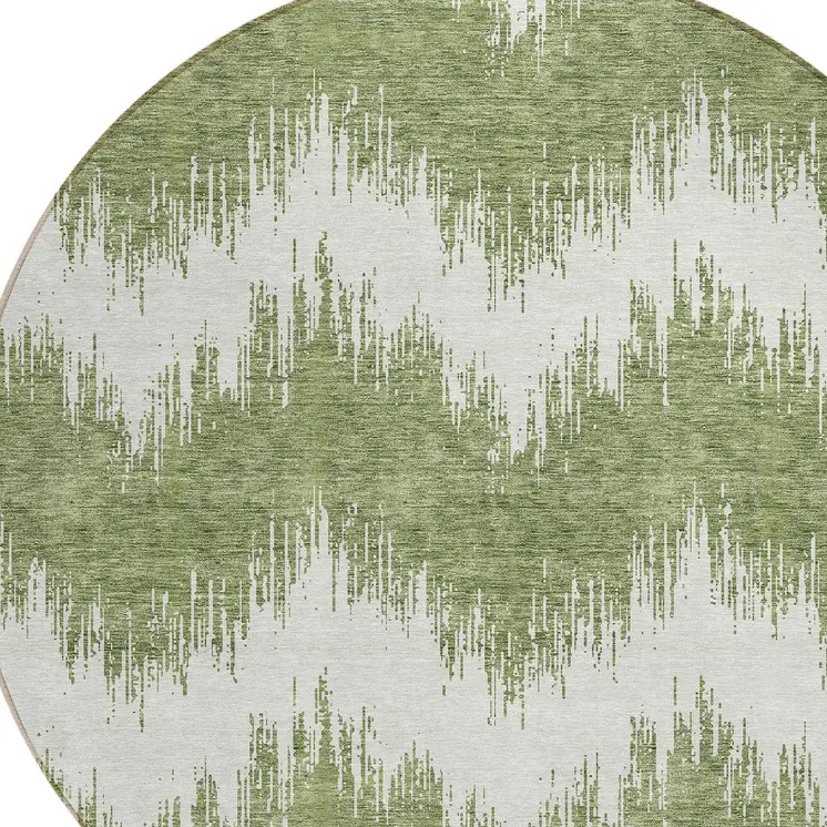 8' Green And Ivory Round Chevron Washable Indoor Outdoor Area Rug