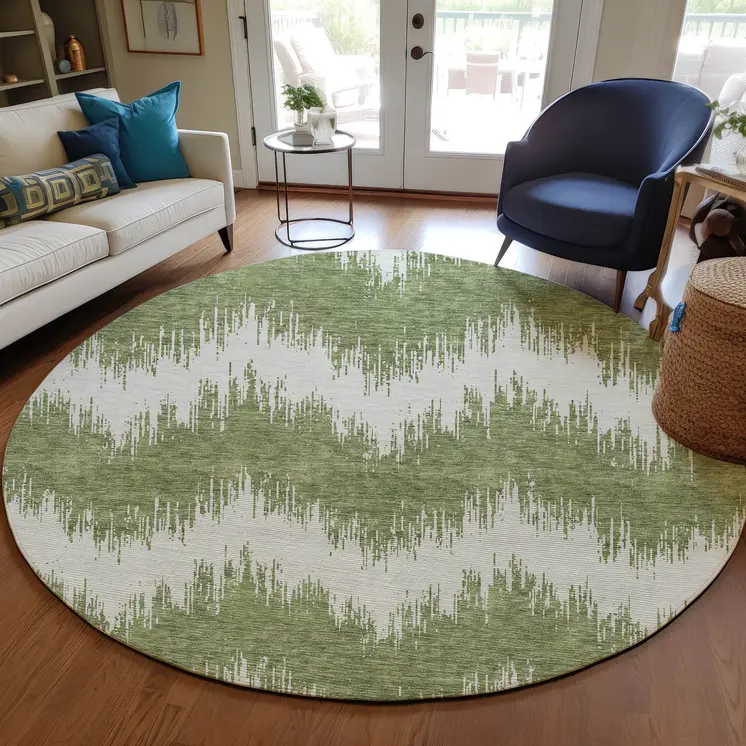 8' Green And Ivory Round Chevron Washable Indoor Outdoor Area Rug
