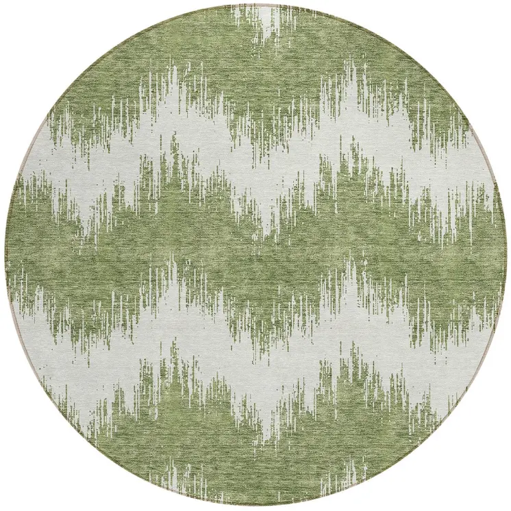 8' Green And Ivory Round Chevron Washable Indoor Outdoor Area Rug