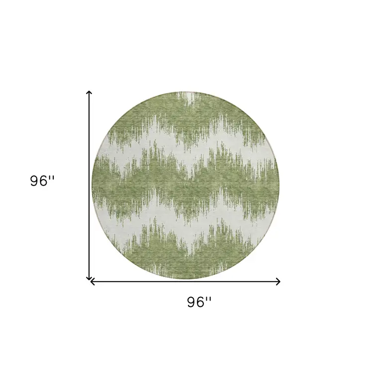 8' Green And Ivory Round Chevron Washable Indoor Outdoor Area Rug