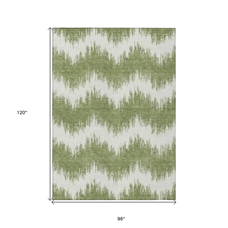 8' X 10' Green And Ivory Chevron Washable Indoor Outdoor Area Rug