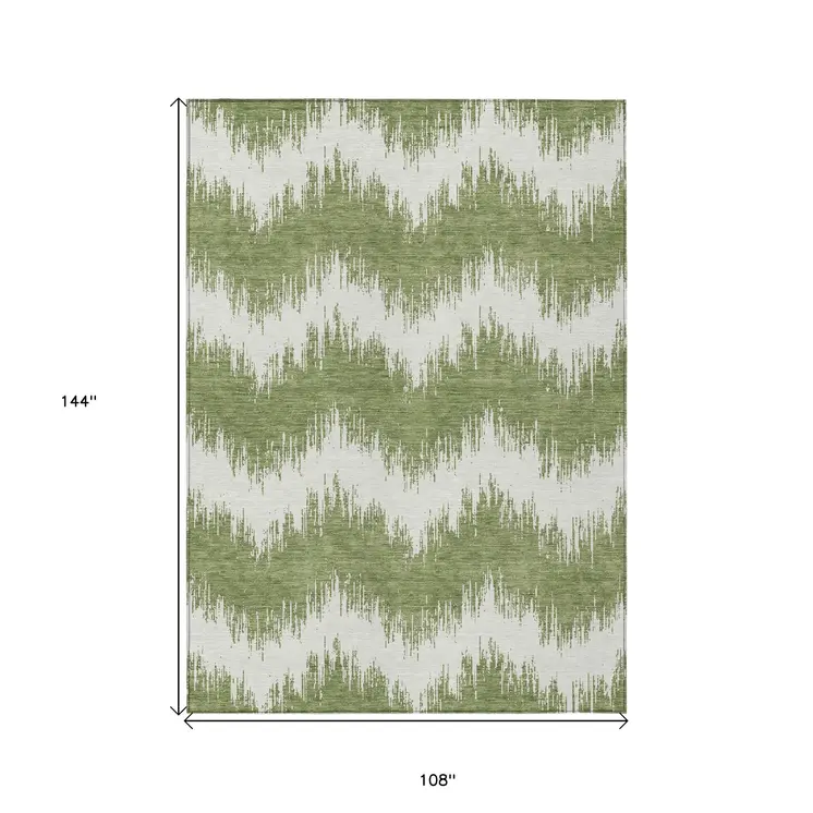 9' X 12' Green And Ivory Chevron Washable Indoor Outdoor Area Rug