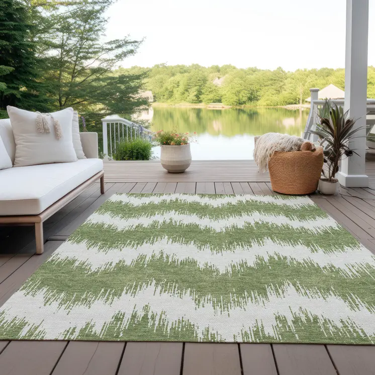 9' X 12' Green And Ivory Chevron Washable Indoor Outdoor Area Rug