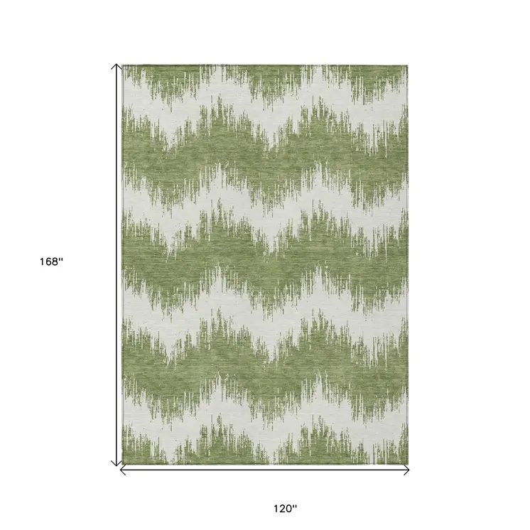10' X 14' Green And Ivory Chevron Washable Indoor Outdoor Area Rug